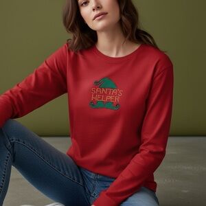 M and C SPORTSWEAR “SANTA’S HELPER” RED EMBELLISHED CHRISTMAS LONG SLEEVE SHIRT